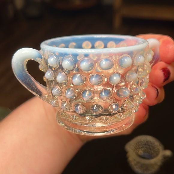 VTG Fenton Glass White Opalescent Hobnail Moonstone Mini Cream & Sugar Bowl Set - Picture 4 of 11